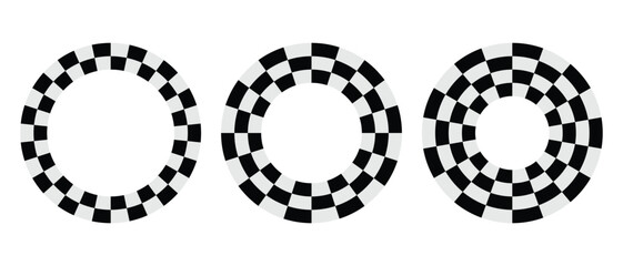 Checkerboard pattern, circle frame vector. Circular geometric frameworks. Rally flag or chess game plane pattern. Checkerboard for use as frames, borders. Vector graphic illustration.