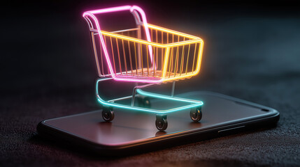 Mobile shopping illustration with neon shopping cart displayed on smartphone for online store