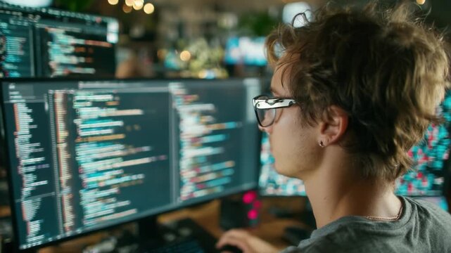 Focused Individual Analyzing Complex Code on Multiple Monitors in a Collaborative Tech Workspace, Surrounded by Colorful Data Visualizations and Programming Creativity