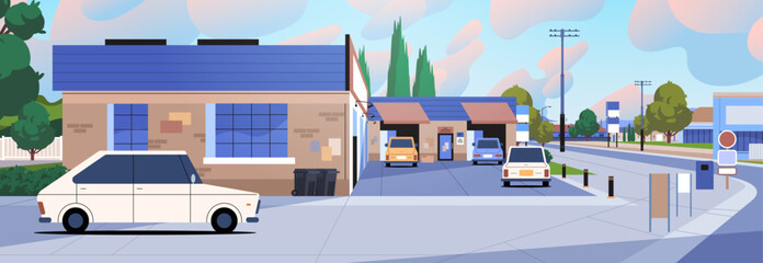 Car repair workshop vector exterior illustration. Auto service center outdoor view banner