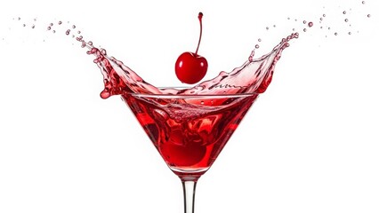 Red Cocktail Splash With Cherry In Martini Glass On White Background drink beverage