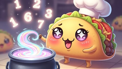 A cheerful taco character cooks with a magical potion in a cauldron at a mystical taco stand.