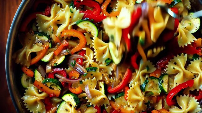 Delicious Bowtie Pasta Salad with Roasted Vegetables Peppers Zucchini Red Onion Basil Healthy Food Italian Cuisine Summer Recipe Cooking Stock Video Footage