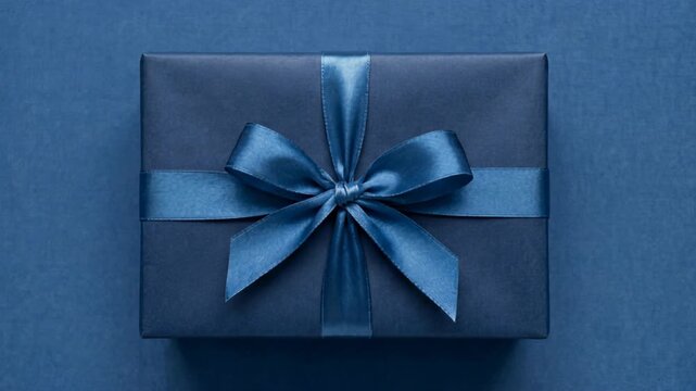 Elegant Dark Blue Gift Box Tied with a Satin Ribbon Bow on a Textured Dark Blue Background Minimalist Studio Shot
