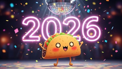 A cheerful taco character celebrates the new year 2026 under a shining disco ball on a vibrant dance floor.