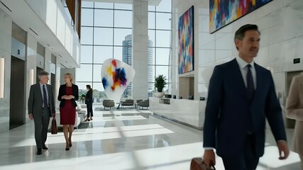 Modern corporate lobby with professionals walking towards elevators showcasing a bright and spacious office environment ideal for business finance and technology concepts