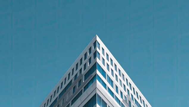 Modern architectural structure against a vibrant sky, showcasing geometric precision and design