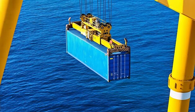 Ocean cargo operation, heavy lift crane moving shipping container at sea, logistics and trade, sea, water.
