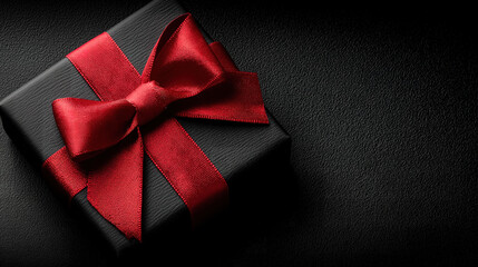 Top view of black gift box with red ribbon on black background for Cyber Monday and Boxing Day