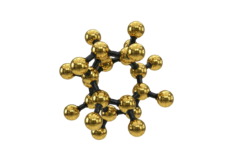 elaborate 3d ball-and-stick molecular model using polished 24k gold atoms and matte carbon fiber bonds, floating on a brilliant white studio backdrop. concept of high-tech luxury