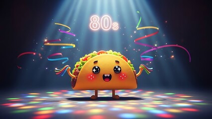 A colorful taco character celebrates a vibrant 80s themed party with confetti and lights on a dance floor.