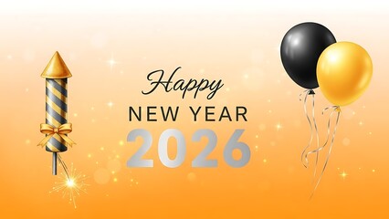 Obraz premium Happy New Year 2026 Celebration Background with Golden Fireworks and Balloons
