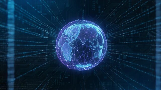 Futuristic Blue Digital Earth Hologram With Network Connections And Circuit Board Background In Neon Light Glow