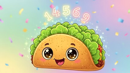 A cheerful taco with lettuce and colorful confetti in the background celebrates with numbers