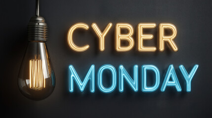 Cyber monday glowing wall banner with electric lamp text inspiring online shopping deals