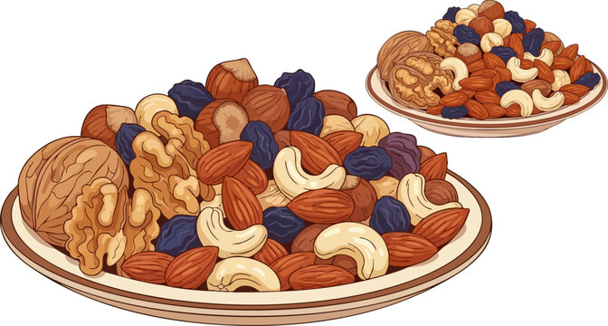 Assorted dry fruits and mixed nuts blend served on plates illustration