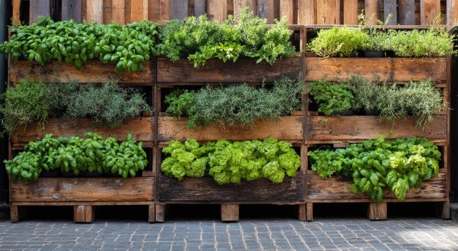 A rustic wooden planter with various herbs flourishing in separate compartments - Powered by Adobe