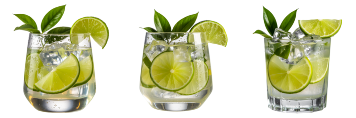 Three glasses of mojito cocktail isolated on transparent background