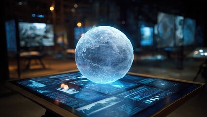 Illuminated, floating orb displaying data atop a touch screen table in a dim room