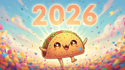 A cheerful taco character dances in a colorful confetti celebration on a sunny day with joyful confetti.
