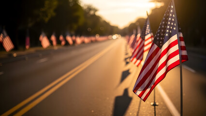 President's day celebration with american flags lining the road