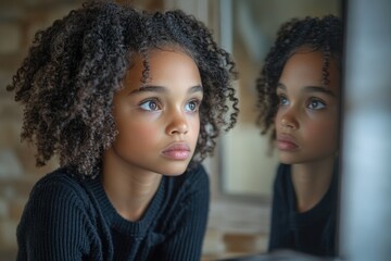 Contemplative person observing reflection in quiet interior space