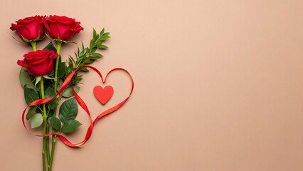 Fototapeta premium Three Vibrant Red Roses And A Heart-Shaped Ribbon On A Neutral Pastel Background
