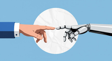Human hand and robotic hand almost touching fingertips in front of white circle on blue background representing technology and artificial intelligence