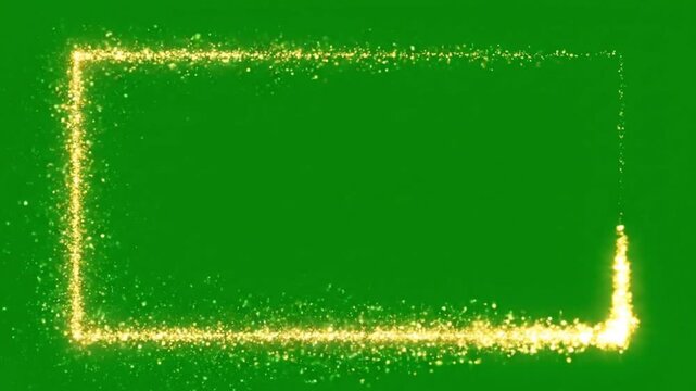 Animated Gold Glitter Particle Trail Drawing a Rectangular Frame on a Green Screen. Sparkling Dust Border for Wedding Invitations, Celebration Titles, and Magical Overlays. Chroma Key VFX Element