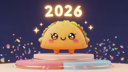 A smiling taco character stands on a colorful platform with confetti and stars