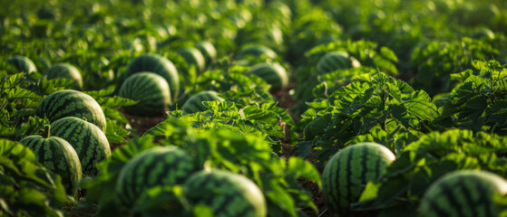 Fresh watermelons nestled among green leaves in a melon patch create an appetising and natural backdrop for food blogs or advertisements for farm produce.