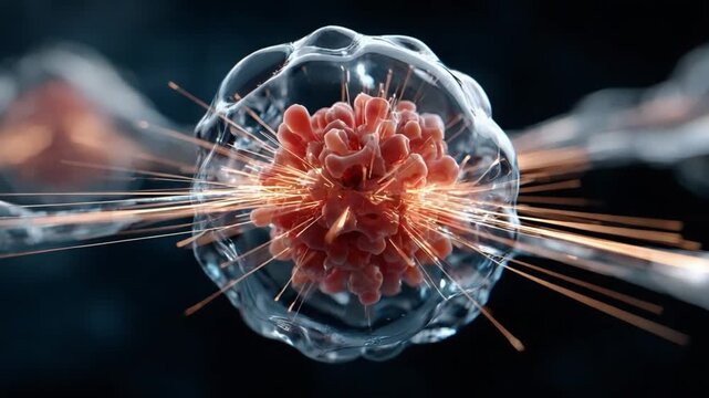 Cellular Symphony: An intricate representation of a cell in vibrant detail, with its nucleus radiating energy, symbolizing life's fundamental building block and processes.
