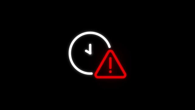 Clock line icon with exclamation mark animation showing deadline and time pressure concept on black background
