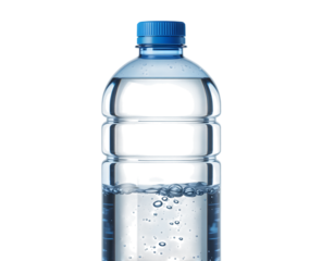 Clear plastic water bottle with blue cap isolated on transparent background