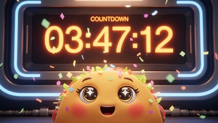 A colorful taco is celebrating with confetti in front of a countdown timer.