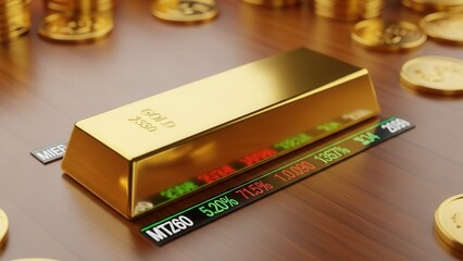 Golden bar symbolizing wealth and investment, displaying real-time financial market data and blurred coins.