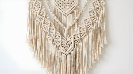 Handcrafted woven macrame wall hanging on white wall for boho home decor background