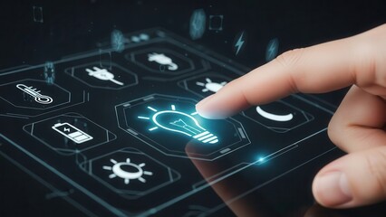 Human finger tapping glowing light bulb icon on futuristic digital screen, symbolizing idea, innovation, and smart energy control.