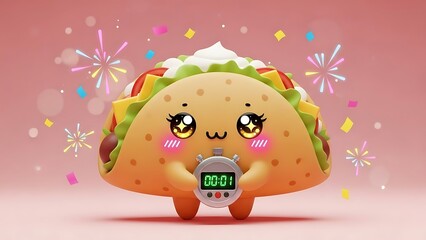 A cartoon taco with a digital timer surrounded by colorful fireworks on a pink background