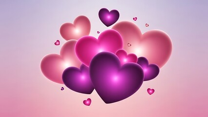 A cluster of luminous heart shapes in pink and purple hues