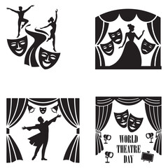 Black Color World Theatre Day Silhouette Vector Illustration, Solid White Background.