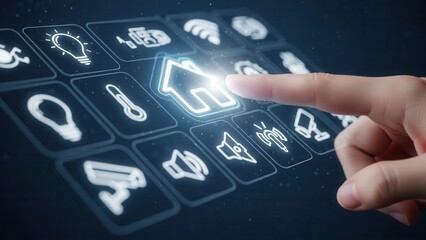 Human hand interacts with smart home interface, pressing glowing house icon for modern automation technology.