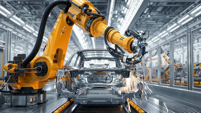 Automated robotic arm welding electric car frame, modern clean production line, uncluttered composition, electric car robotic arm