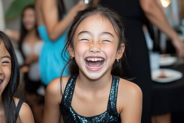 Candid moment of girl laughing joyfully with friends at party