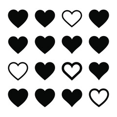 Grid arrangement of various solid and outline heart shapes for user interface.