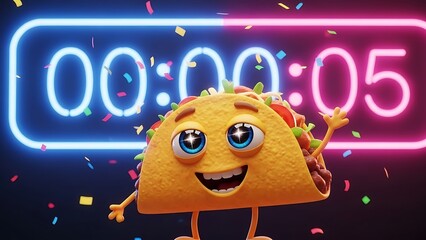 A cheerful taco character celebrates with confetti in front of a neon timer background.