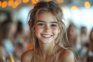 Happy girl celebrating birthday surrounded by festive atmosphere