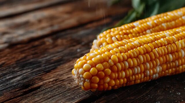 191Close-up detail of plump golden corn kernels on rustic wood, with earthy textures of the table and subtle highlights enhancing the freshness and richness of the harvest