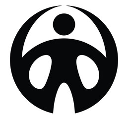 Stylized human figure inside a circular frame represents community support.