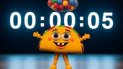 A cheerful taco character with a timer countdown in the background appears to be excitedly celebrating a special moment with a joyful expression and colorful details.